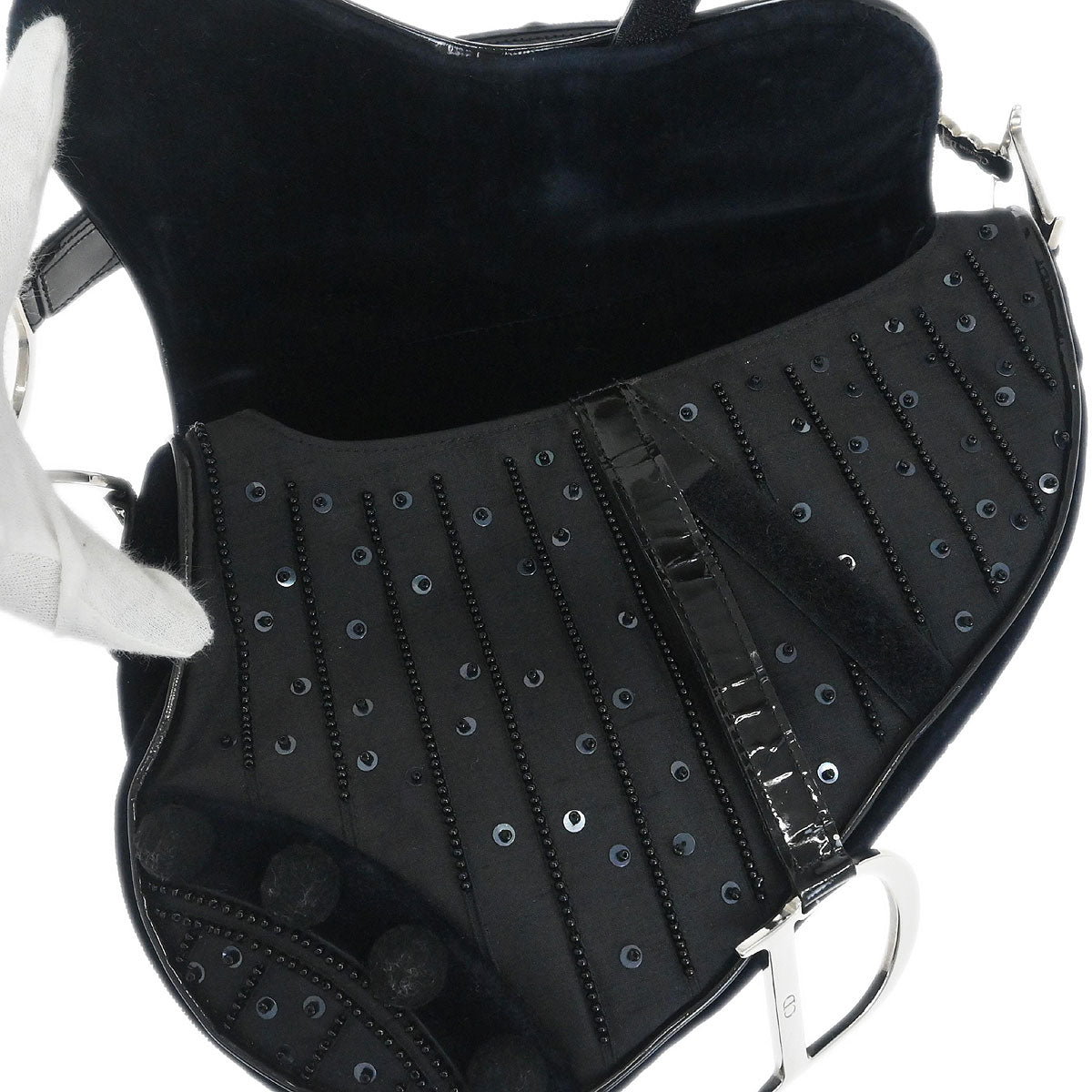 Christian Dior Black Velvet Beaded Saddle Handbag