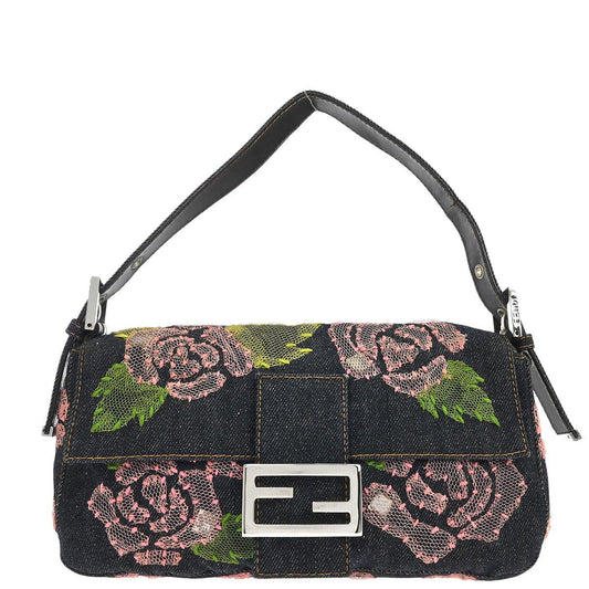 Fendi Navy Denim Floral Baguette Handbag