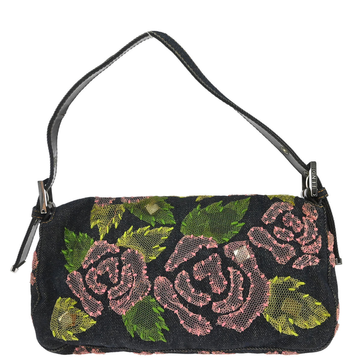 Fendi Navy Denim Floral Baguette Handbag