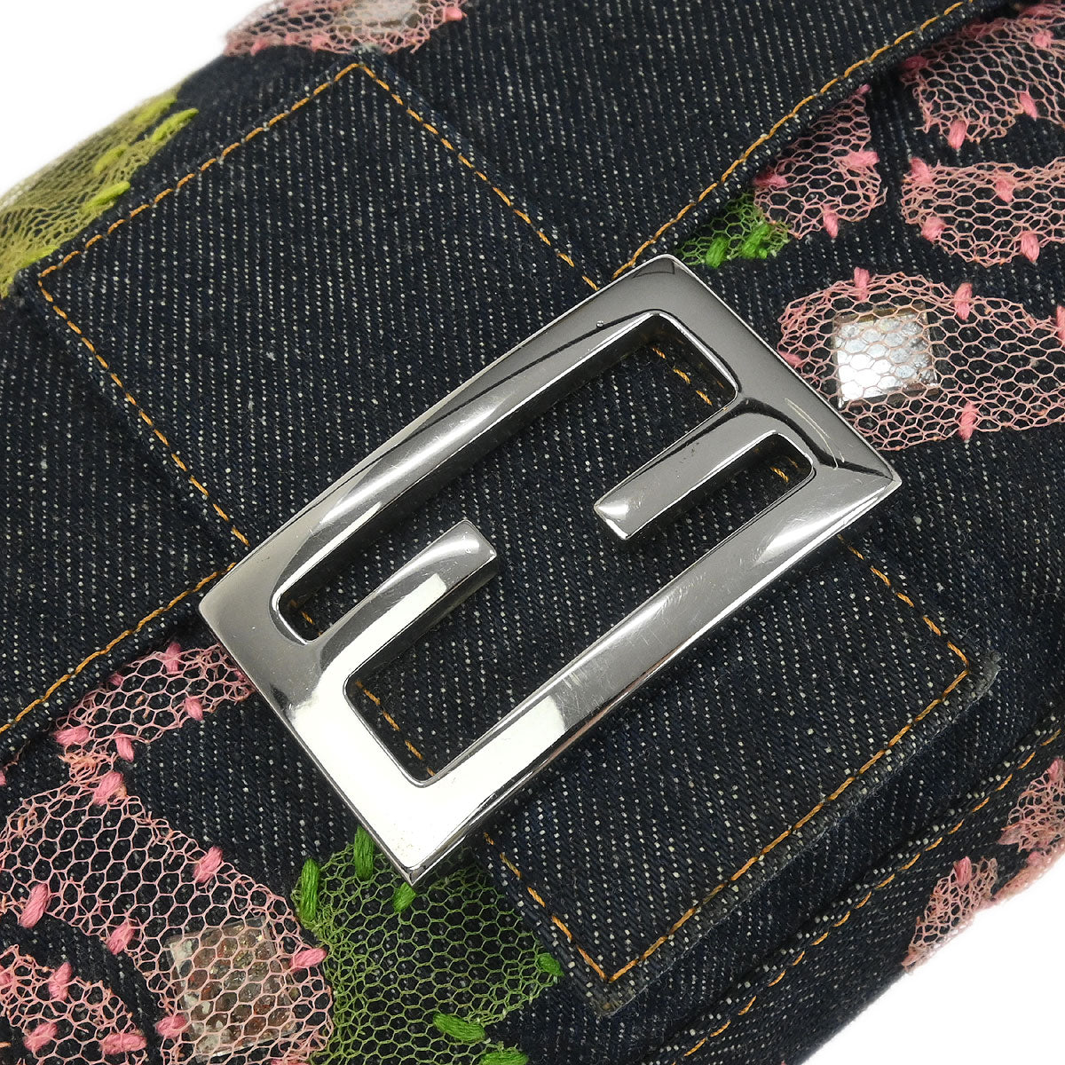 Fendi Navy Denim Floral Baguette Handbag