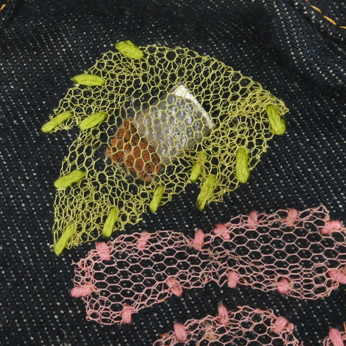 Fendi Navy Denim Floral Baguette Handbag