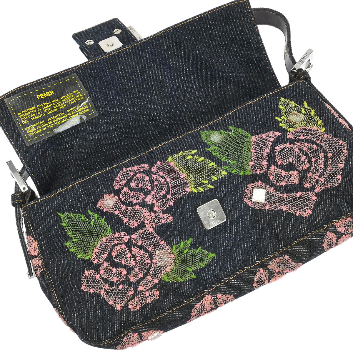 Fendi Navy Denim Floral Baguette Handbag