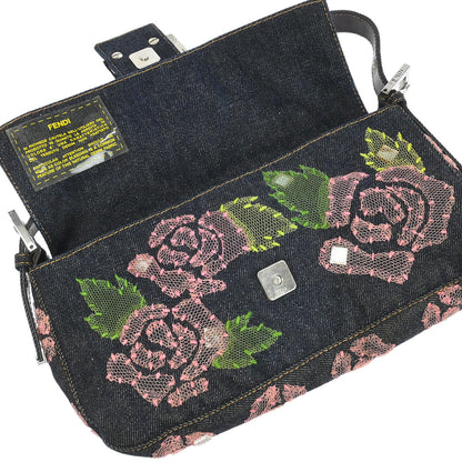 Fendi Navy Denim Floral Baguette Handbag