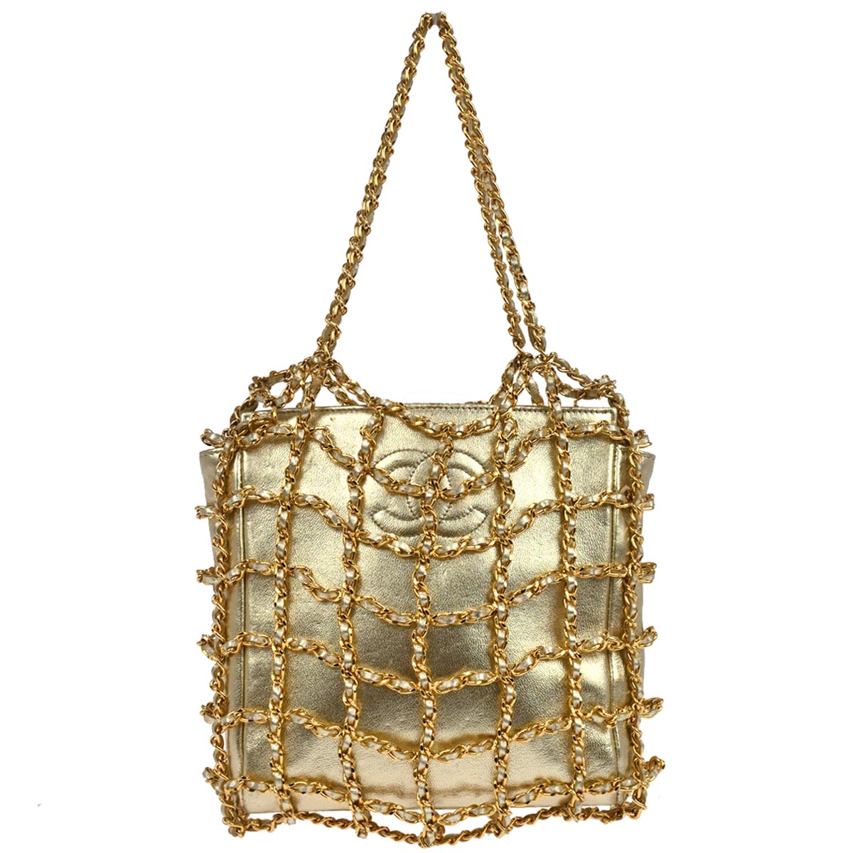 Chanel 1994-1996 Gold Lambskin Caged-chain Handbag