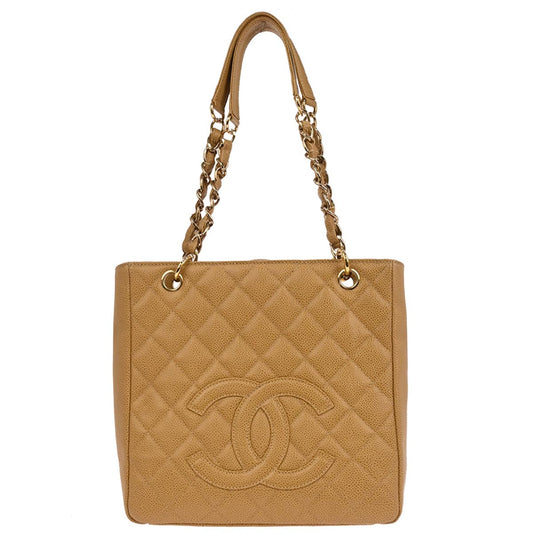 Chanel 2003-2004 Beige Caviar Petite Shopping Tote PST Chain Handbag