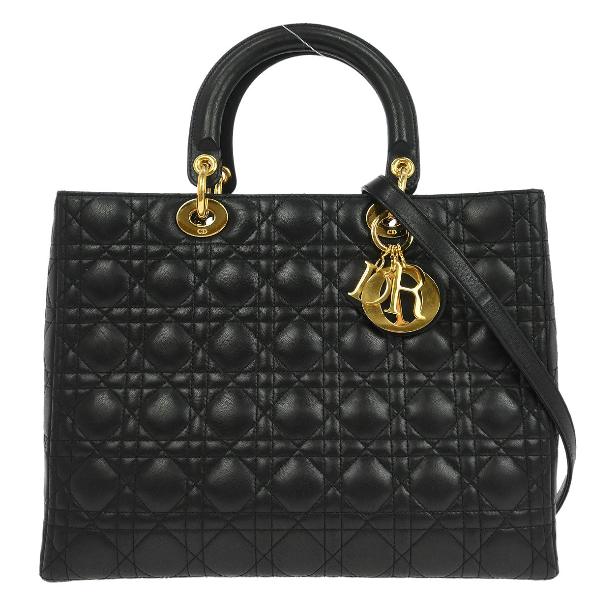 Christian Dior Black Lambskin Large Lady Dior Cannage 2way Shoulder Handbag