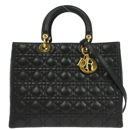 Christian Dior Black Lambskin Large Lady Dior Cannage 2way Shoulder Handbag