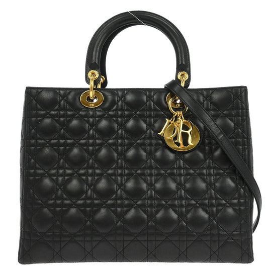 Christian Dior Black Lambskin Large Lady Dior Cannage 2way Shoulder Handbag
