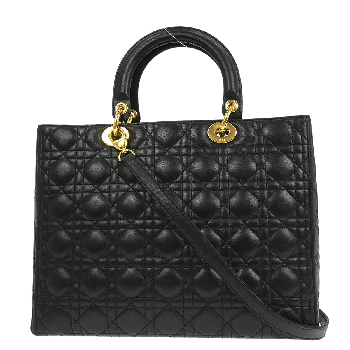 Christian Dior Black Lambskin Large Lady Dior Cannage 2way Shoulder Handbag