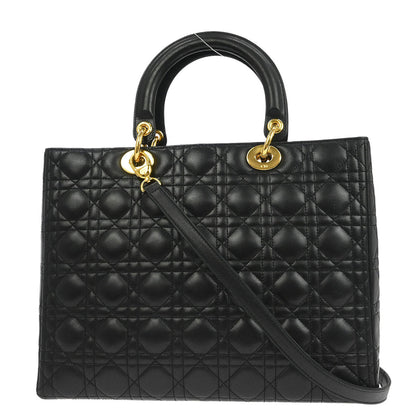 Christian Dior Black Lambskin Large Lady Dior Cannage 2way Shoulder Handbag