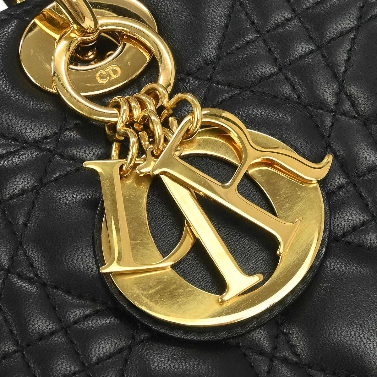 Christian Dior Black Lambskin Large Lady Dior Cannage 2way Shoulder Handbag