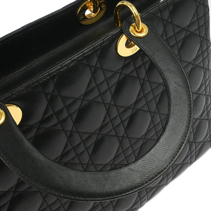 Christian Dior Black Lambskin Large Lady Dior Cannage 2way Shoulder Handbag