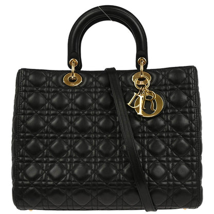 Christian Dior Black Lambskin Large Lady Dior Cannage 2way Shoulder Handbag