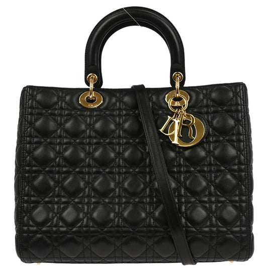 Christian Dior Black Lambskin Large Lady Dior Cannage 2way Shoulder Handbag