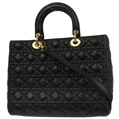 Christian Dior Black Lambskin Large Lady Dior Cannage 2way Shoulder Handbag