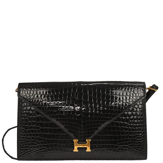 Hermes * Black Porosus Lydie Clutch Shoulder Bag