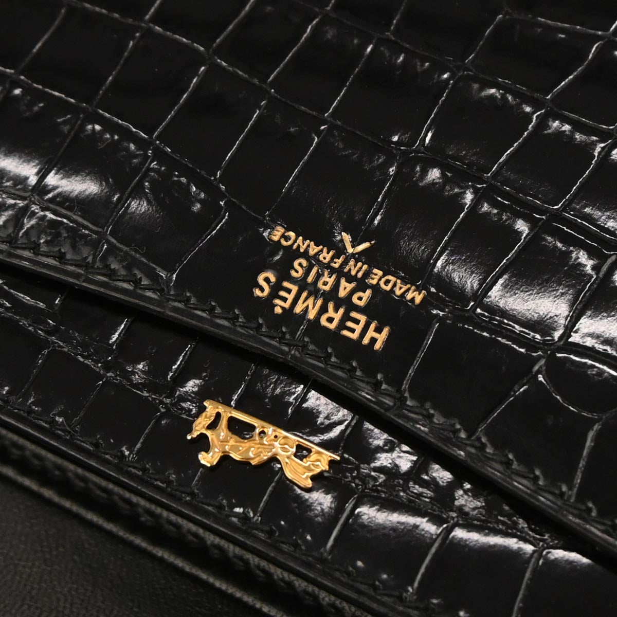 Hermes * Black Porosus Lydie Clutch Shoulder Bag