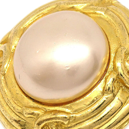 Chanel Button Clip-On Earrings Gold Costume Pearl 93P