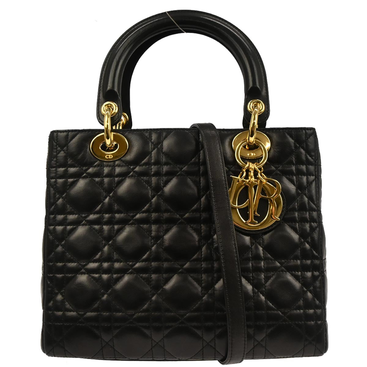 Christian Dior Black Lambskin Lady Dior Cannage 2way Shoulder Handbag