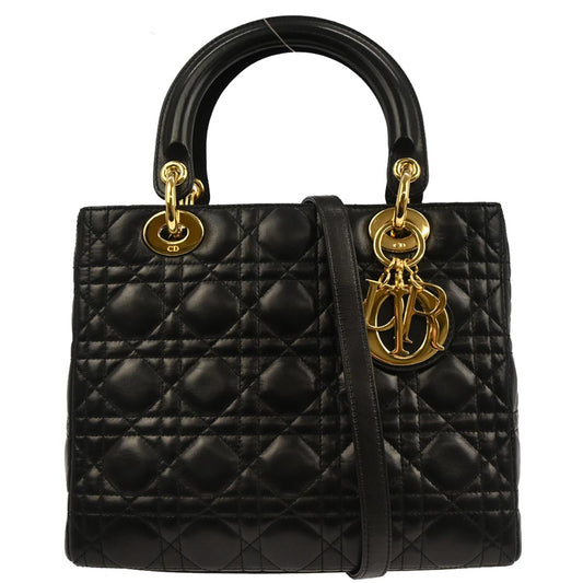 Christian Dior Black Lambskin Lady Dior Cannage 2way Shoulder Handbag