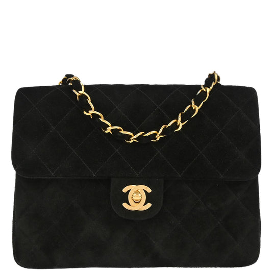 Chanel 1991-1994 Black Suede Classic Square Flap Shoulder Bag 20