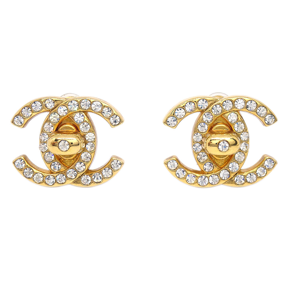 Chanel CC Turnlock Clip-On Earrings Gold Rhinestone Large 96A