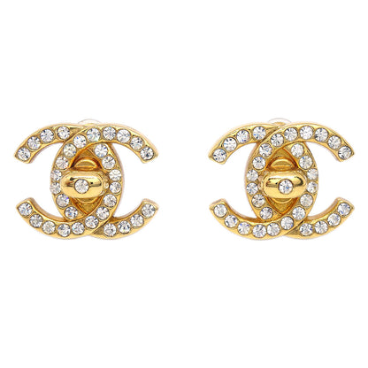 Chanel CC Turnlock Clip-On Earrings Gold Rhinestone Large 96A