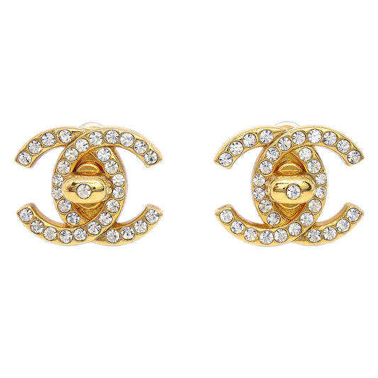 Chanel CC Turnlock Clip-On Earrings Gold Rhinestone Large 96A