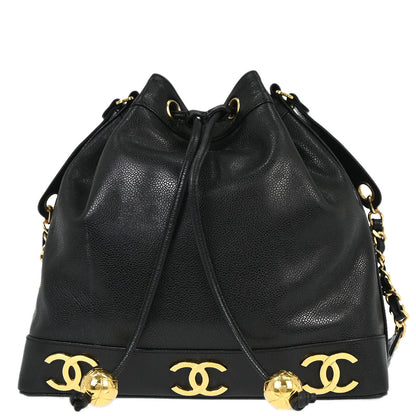 Chanel 1994-1997 Black Caviar Skin Triple CC Drawstring Shoulder Bag