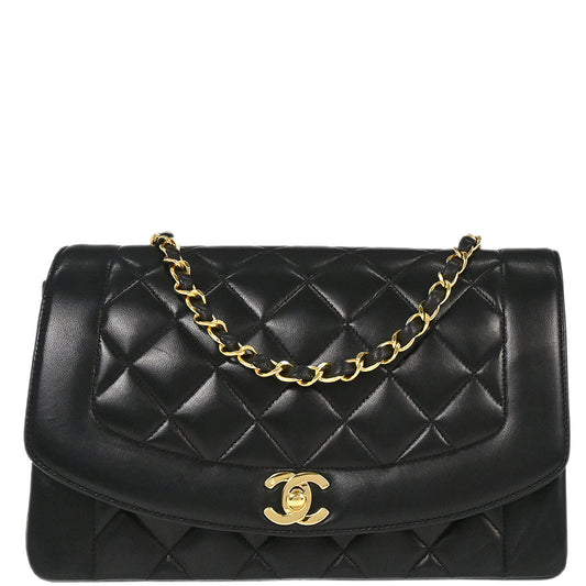 Chanel 1991-1994 Black Lambskin Medium Diana Shoulder Bag