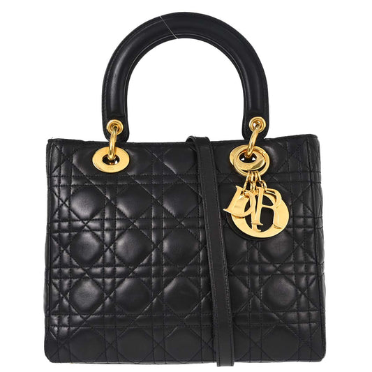 Christian Dior Black Lambskin Medium Lady Dior Cannage 2way Shoulder Handbag