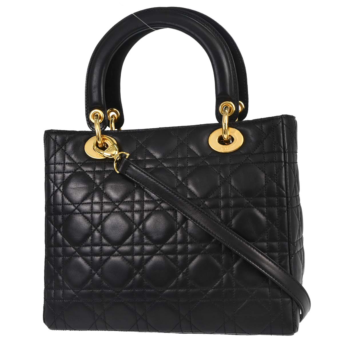 Christian Dior Black Lambskin Medium Lady Dior Cannage 2way Shoulder Handbag