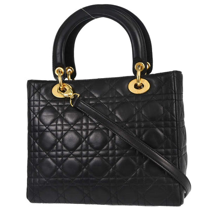 Christian Dior Black Lambskin Medium Lady Dior Cannage 2way Shoulder Handbag