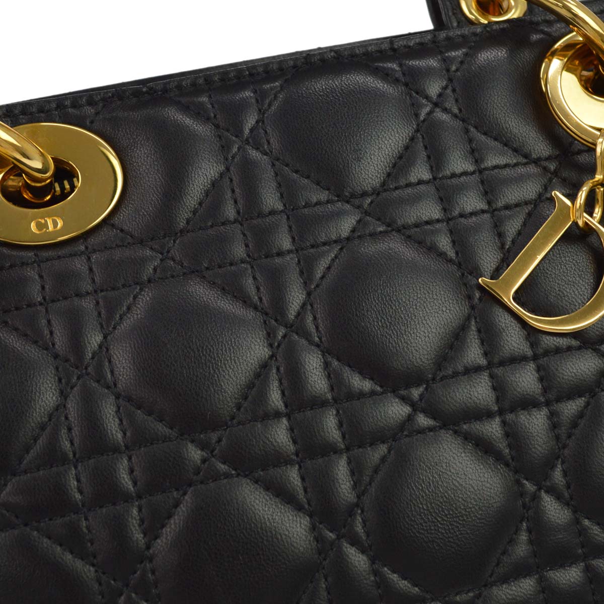 Christian Dior Black Lambskin Medium Lady Dior Cannage 2way Shoulder Handbag