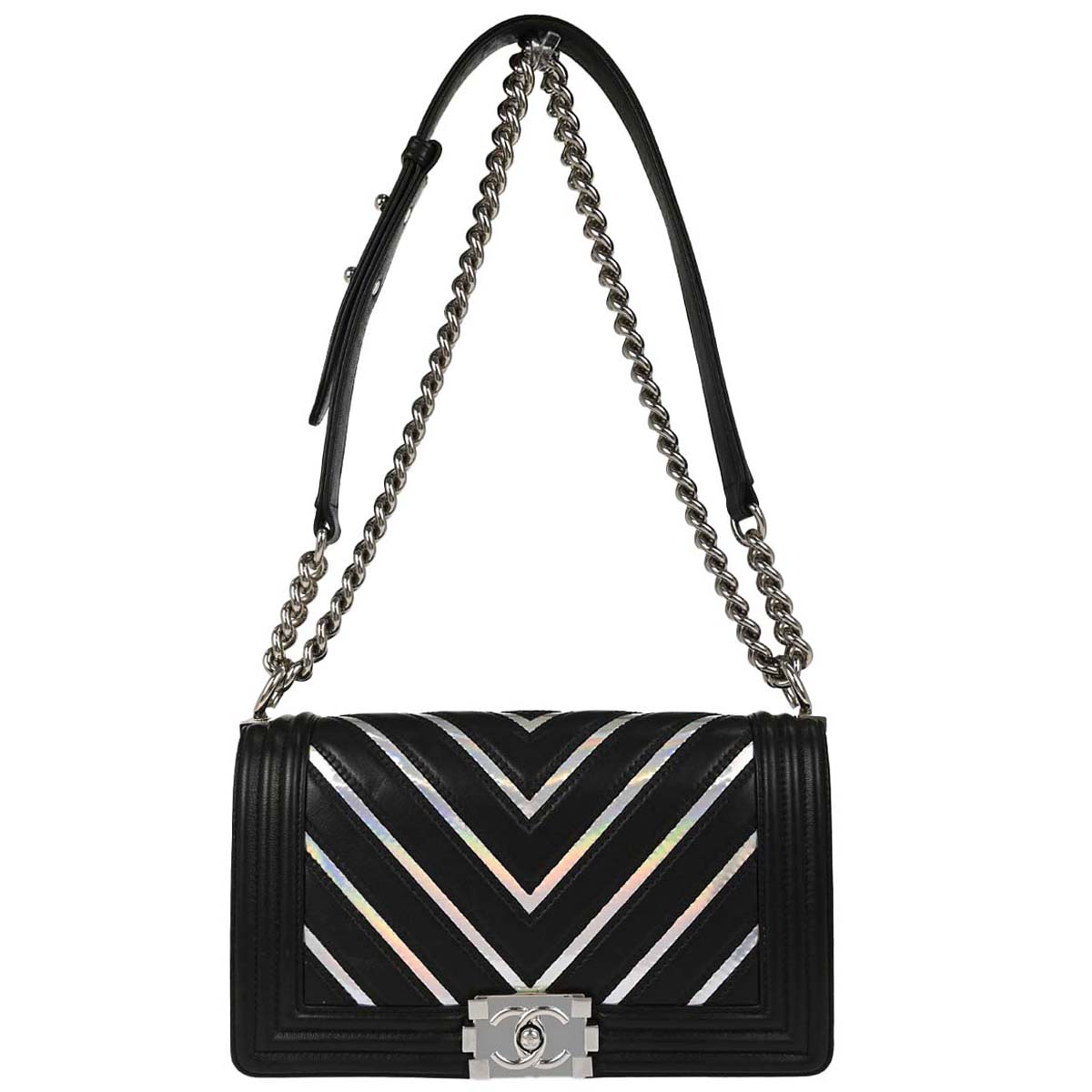 Boy Chanel Black Lambskin Chevron Medium Double Chain Shoulder Bag