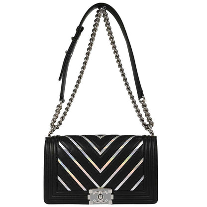 Boy Chanel Black Lambskin Chevron Medium Double Chain Shoulder Bag