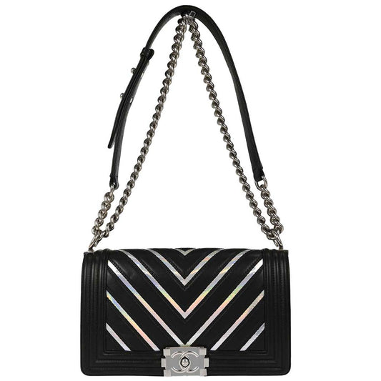 Boy Chanel Black Lambskin Chevron Medium Double Chain Shoulder Bag