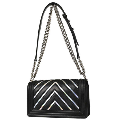 Boy Chanel Black Lambskin Chevron Medium Double Chain Shoulder Bag
