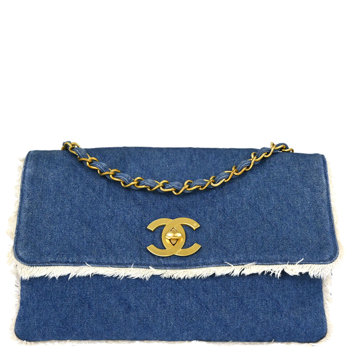 Chanel Blue Denim Maxi Straight Flap Shoulder Bag