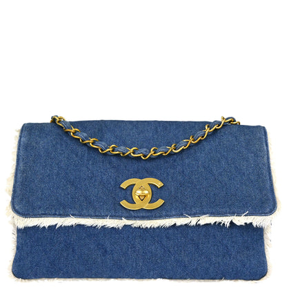 Chanel Blue Denim Maxi Straight Flap Shoulder Bag
