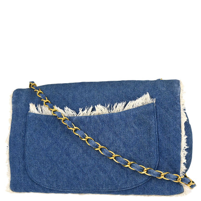 Chanel Blue Denim Maxi Straight Flap Shoulder Bag