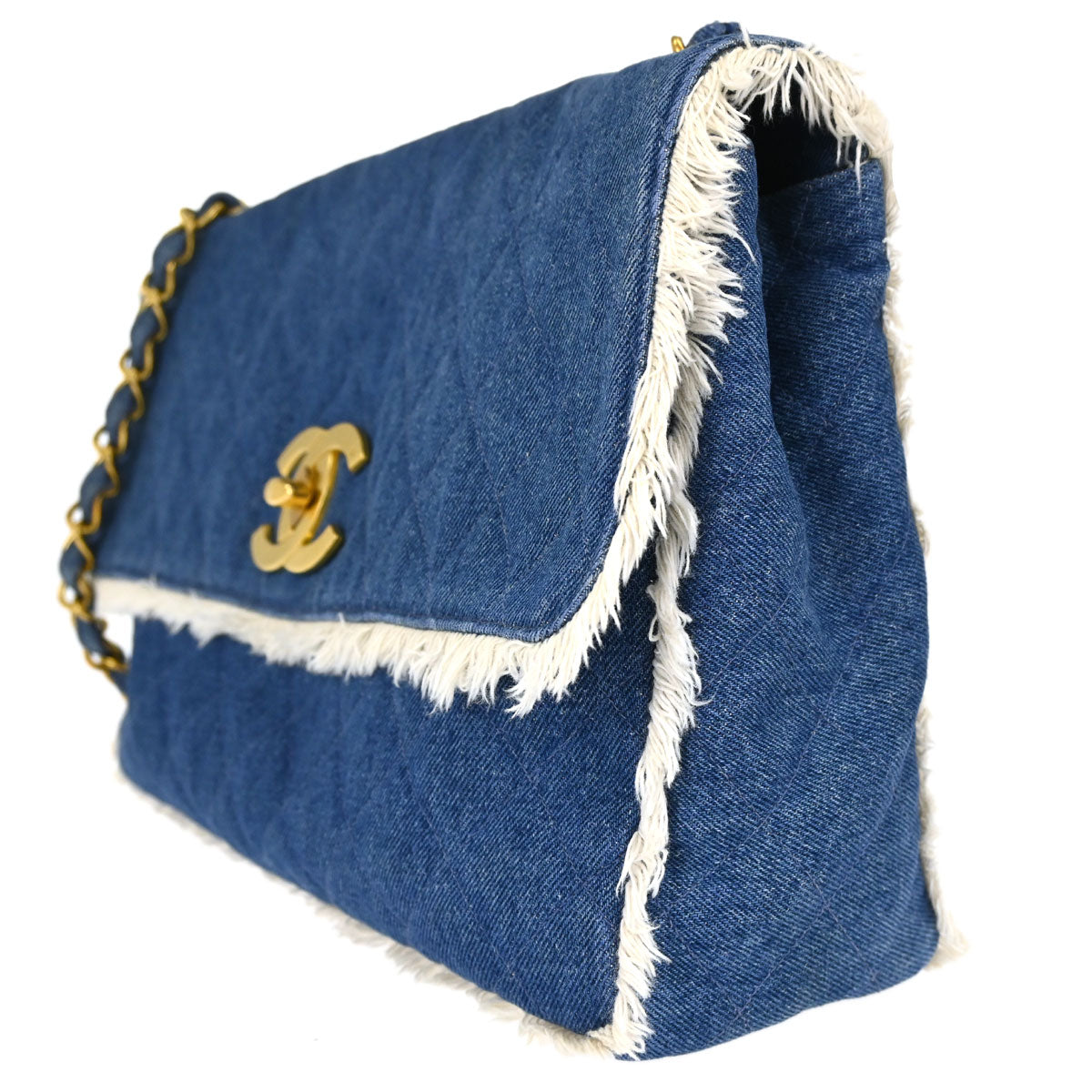 Chanel Blue Denim Maxi Straight Flap Shoulder Bag