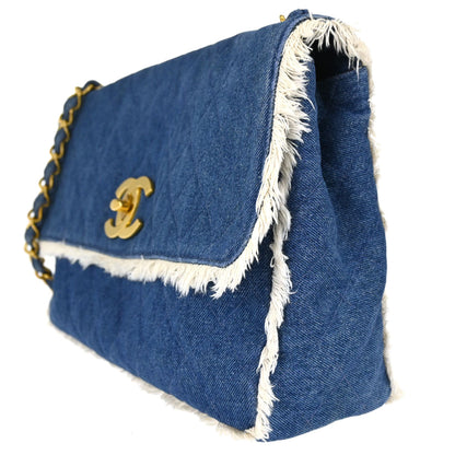 Chanel Blue Denim Maxi Straight Flap Shoulder Bag