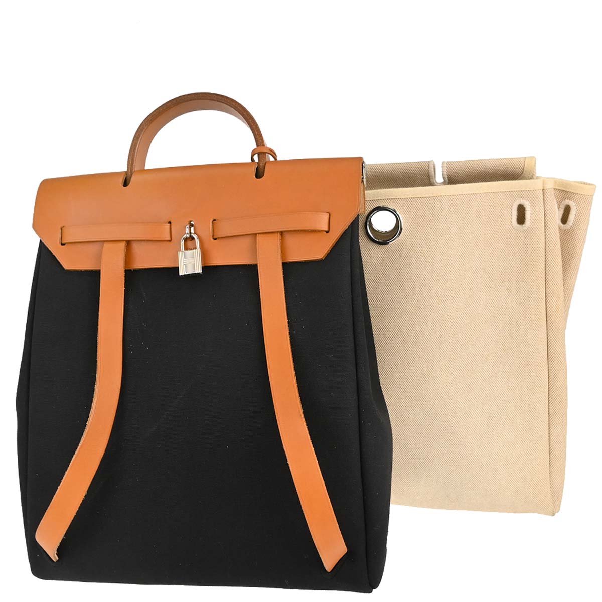 Hermes Black Beige Toile Officier H Herbag a Dos 2 in 1 Backpack