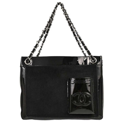 Chanel Black Pony Hair Patent Leather Tote Handbag