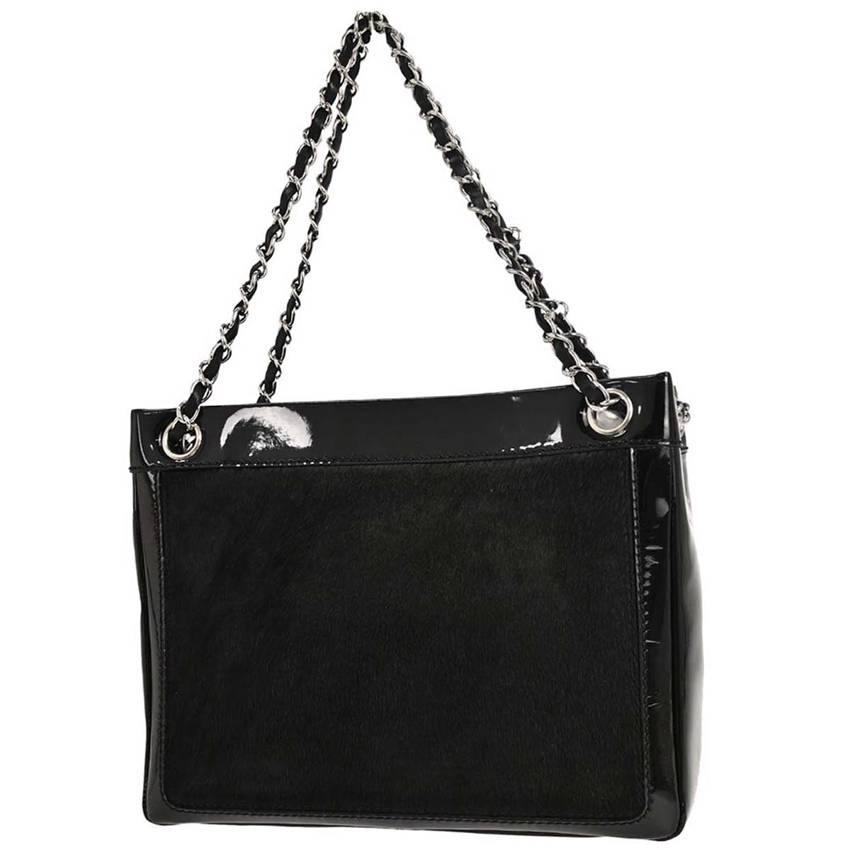Chanel Black Pony Hair Patent Leather Tote Handbag