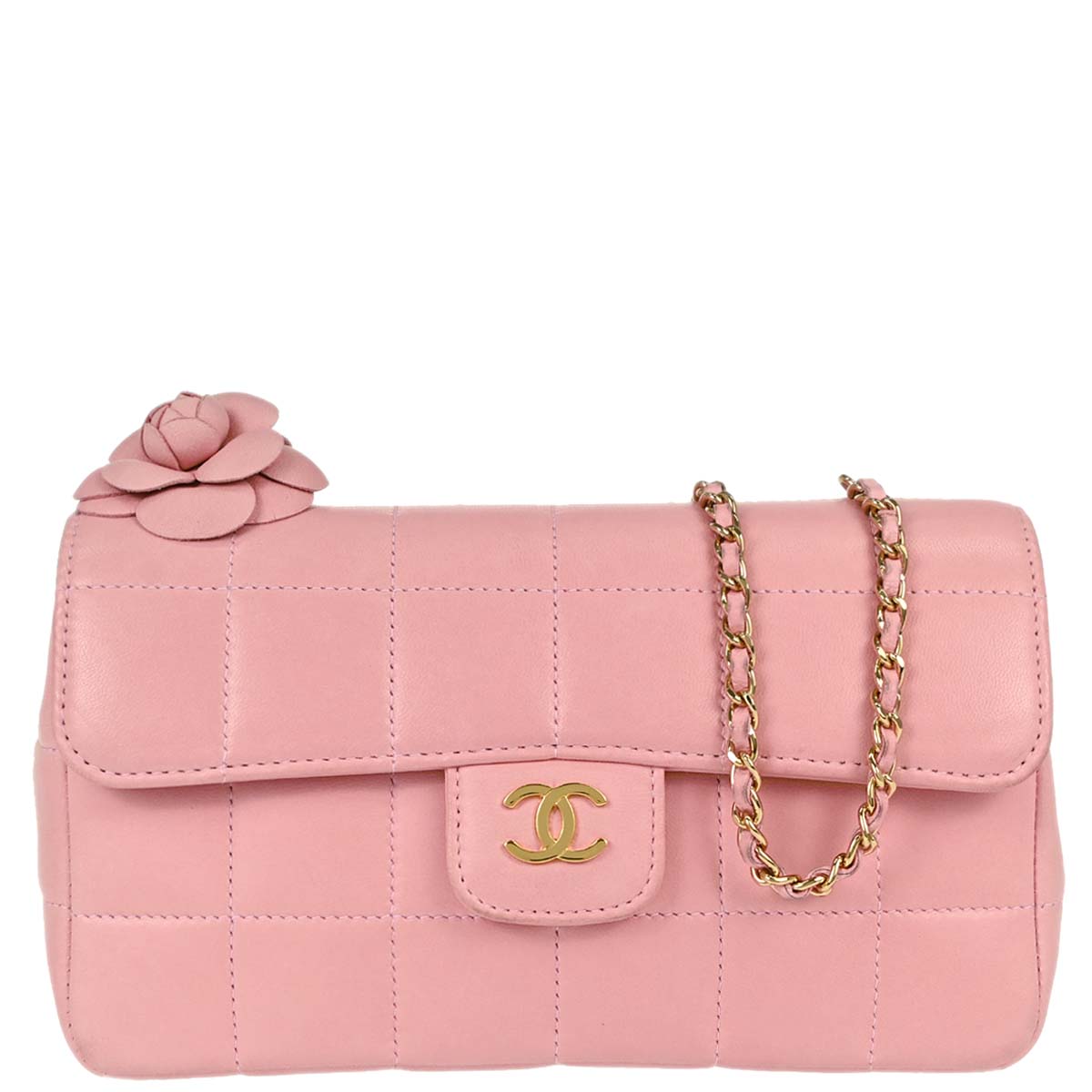 Chanel Pink Lambskin Choco Bar Camellia Shoulder Bag
