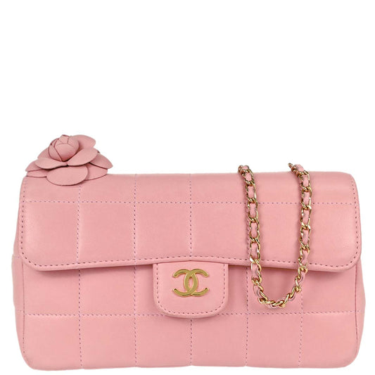 Chanel Pink Lambskin Choco Bar Camellia Shoulder Bag