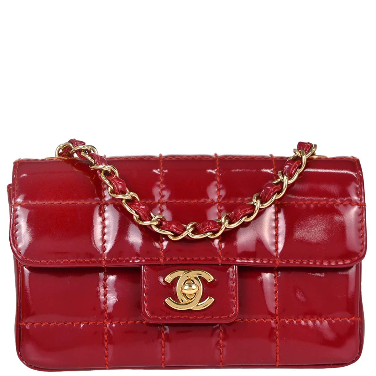 Chanel Red Patent Leather Choco Bar Single Flap Shoulder Bag