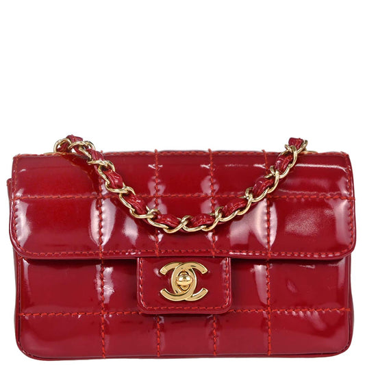 Chanel Red Patent Leather Choco Bar Single Flap Shoulder Bag